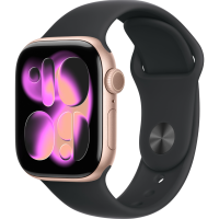 Apple Watch Series 11, 46mm, Rose Gold Aluminum Case with Black Sport Band - S/M