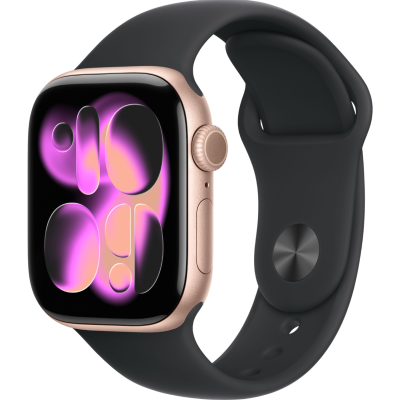 Apple Watch Series 11, 46mm, Rose Gold Aluminum Case with Black Sport Band - S/M
