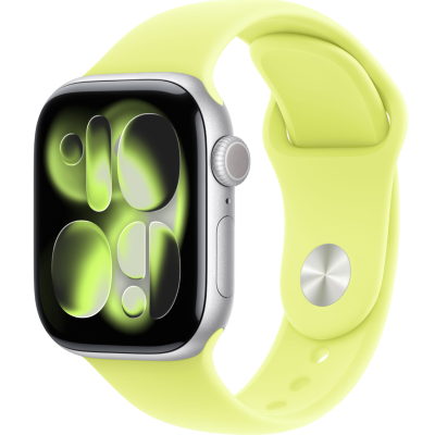 Apple Watch Series 11, 42mm, Silver Aluminum Case with Neon Yellow Sport Band - S/M