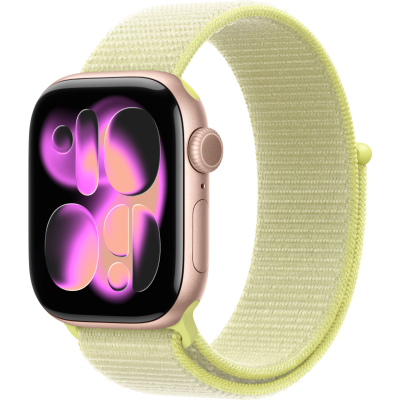 Apple Watch Series 11, 42mm, Rose Gold Aluminum Case with Neon Yellow Sport Loop