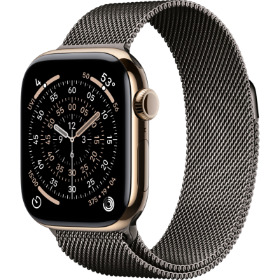 Apple Watch Series 11, 42mm, Gold Titanium Case with Slate Milanese Loop