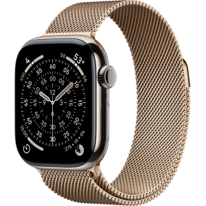 Apple Watch Series 11, 46mm, Natural Titanium Case with Gold Milanese Loop