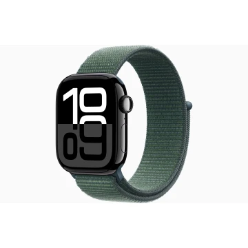 Apple Watch Series 10 42mm, Jet Black Aluminum, Case with Textile Sport Loop, Lake Green