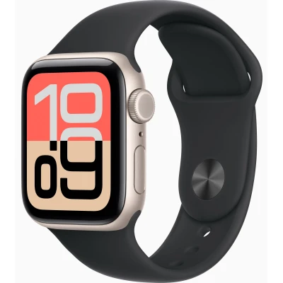 Apple Watch SE 3, GPS+Cellular, 40mm, Starlight Aluminum Case with Black Sport Band - S/M