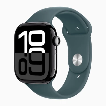 Apple Watch Series 10 42mm, Jet Black Aluminum, Case with Sport Band, Lake Green, M/L