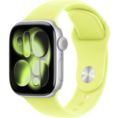 Apple Watch Series 11, 46mm, Silver Aluminum Case with Neon Yellow Sport Band - M/L