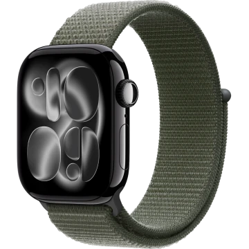Apple Watch Series 11, 42mm, Jet Black Aluminum Case with Forest Sport Loop