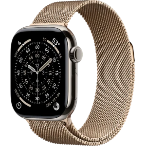 Apple Watch Series 11, 42mm, Natural Titanium Case with Gold Milanese Loop