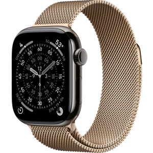Apple Watch Series 11, 42mm, Slate Titanium Case with Gold Milanese Loop