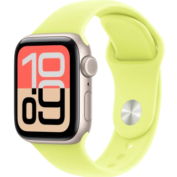 Apple Watch SE 3, GPS+Cellular, 40mm, Starlight Aluminum Case with Neon Yellow Sport Band - M/L