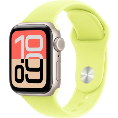 Apple Watch SE 3, GPS+Cellular, 40mm, Starlight Aluminum Case with Neon Yellow Sport Band - S/M